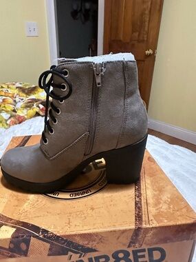 Women's Taupe Lace-Up Faux Suede Ankle Boots with Side Zip